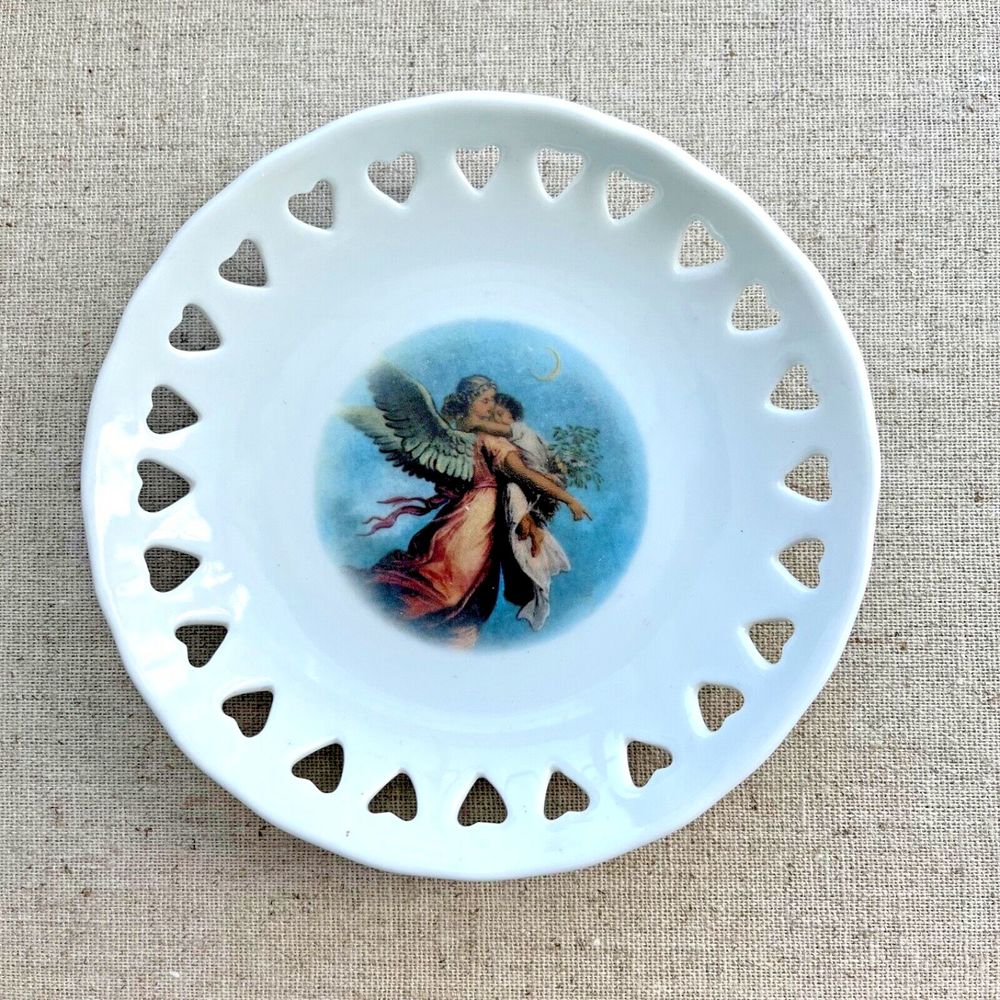 Reticulated Small Plate Trinket Dish Pierced Hearts Edge Guardian Angel